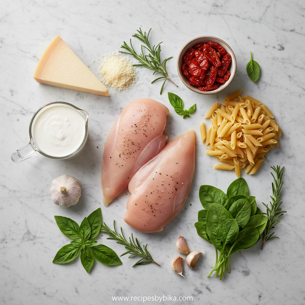 Ingredients for creamy chicken pasta with sun-dried tomatoes