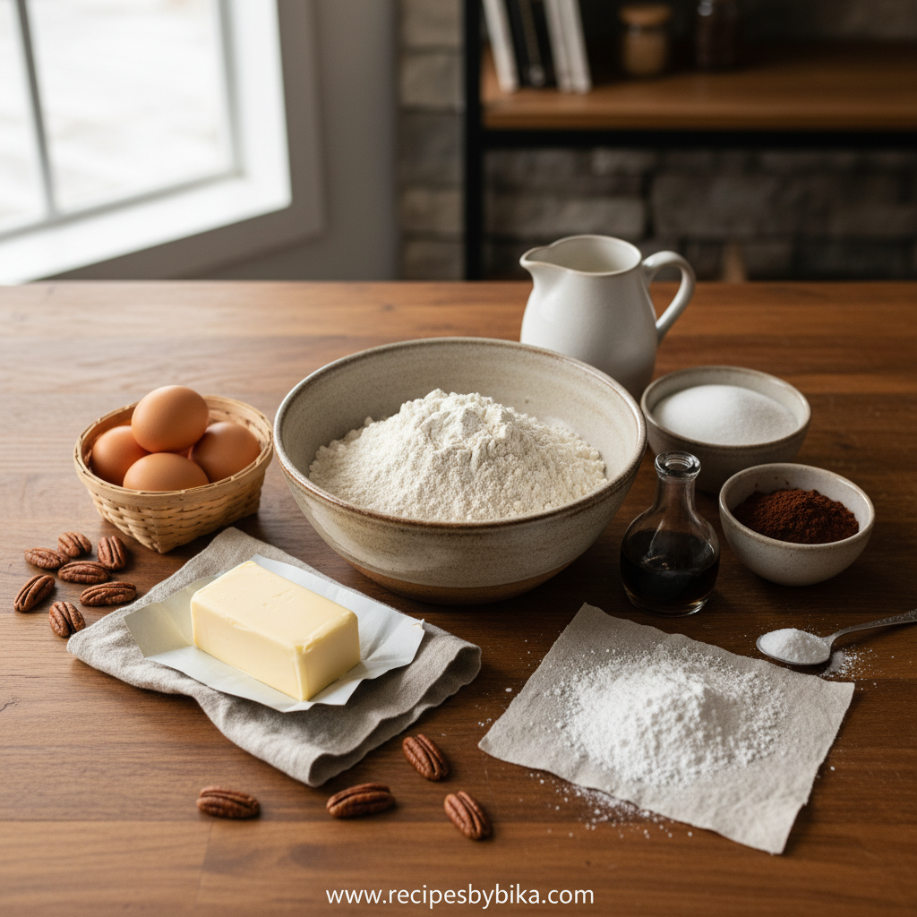 Texas chocolate sheet cake ingredients laid out