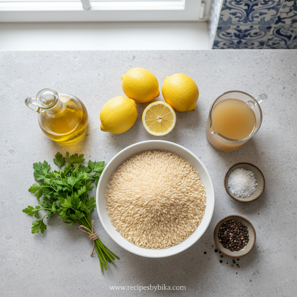 Fresh ingredients for lemon rice including lemons, herbs, and rice