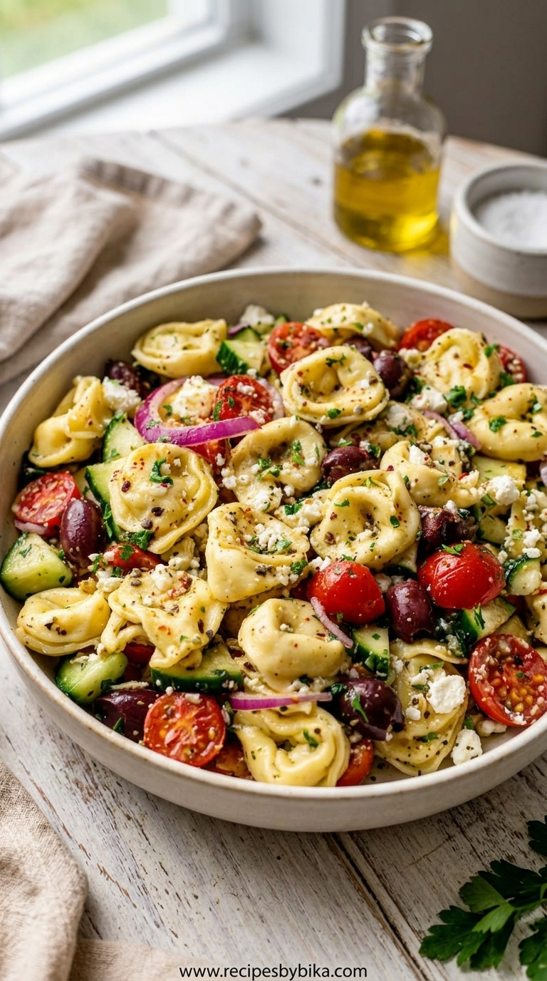 Best Greek Tortellini Pasta Salad - Fresh Mediterranean Recipe 1 Colorful Greek tortellini pasta salad with fresh vegetables and feta cheese