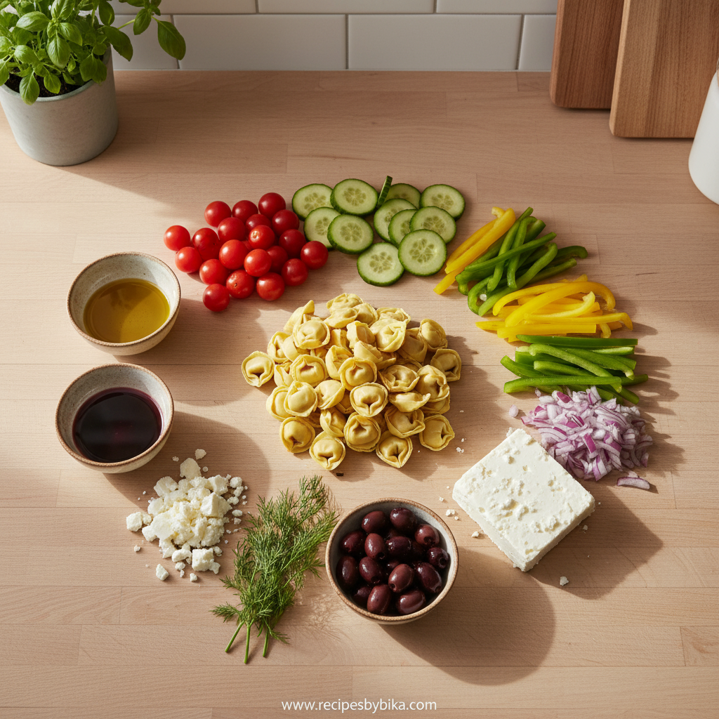 Best Greek Tortellini Pasta Salad - Fresh Mediterranean Recipe 2 Ingredients for Greek tortellini salad including tortellini, tomatoes, cucumbers, olives and herbs