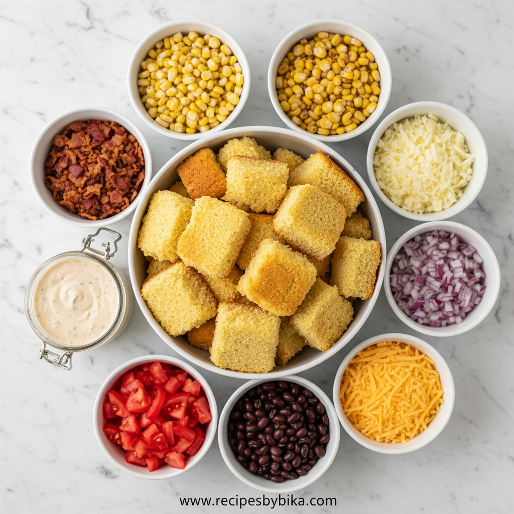 Ingredients for cornbread salad including cornbread, vegetables, and dressing