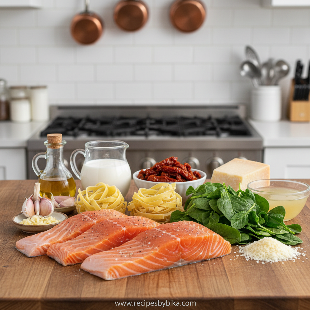 Creamy Tuscan Salmon Pasta - Restaurant Style One Pan Dinner Recipe 2 Ingredients for creamy Tuscan salmon pasta including salmon, pasta, cream, spinach and sun-dried tomatoes