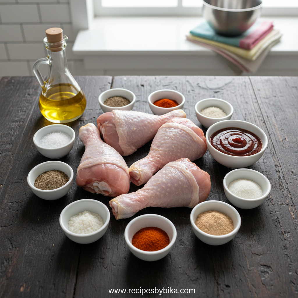 Crispy Juicy Oven Baked BBQ Chicken Legs - Perfect Restaurant Style Drumsticks 2 Ingredients for crispy BBQ chicken legs including spices, chicken, and BBQ sauce
