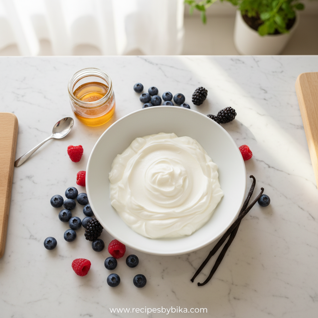 Ingredients for frozen Greek yogurt including fresh fruits, honey, and vanilla