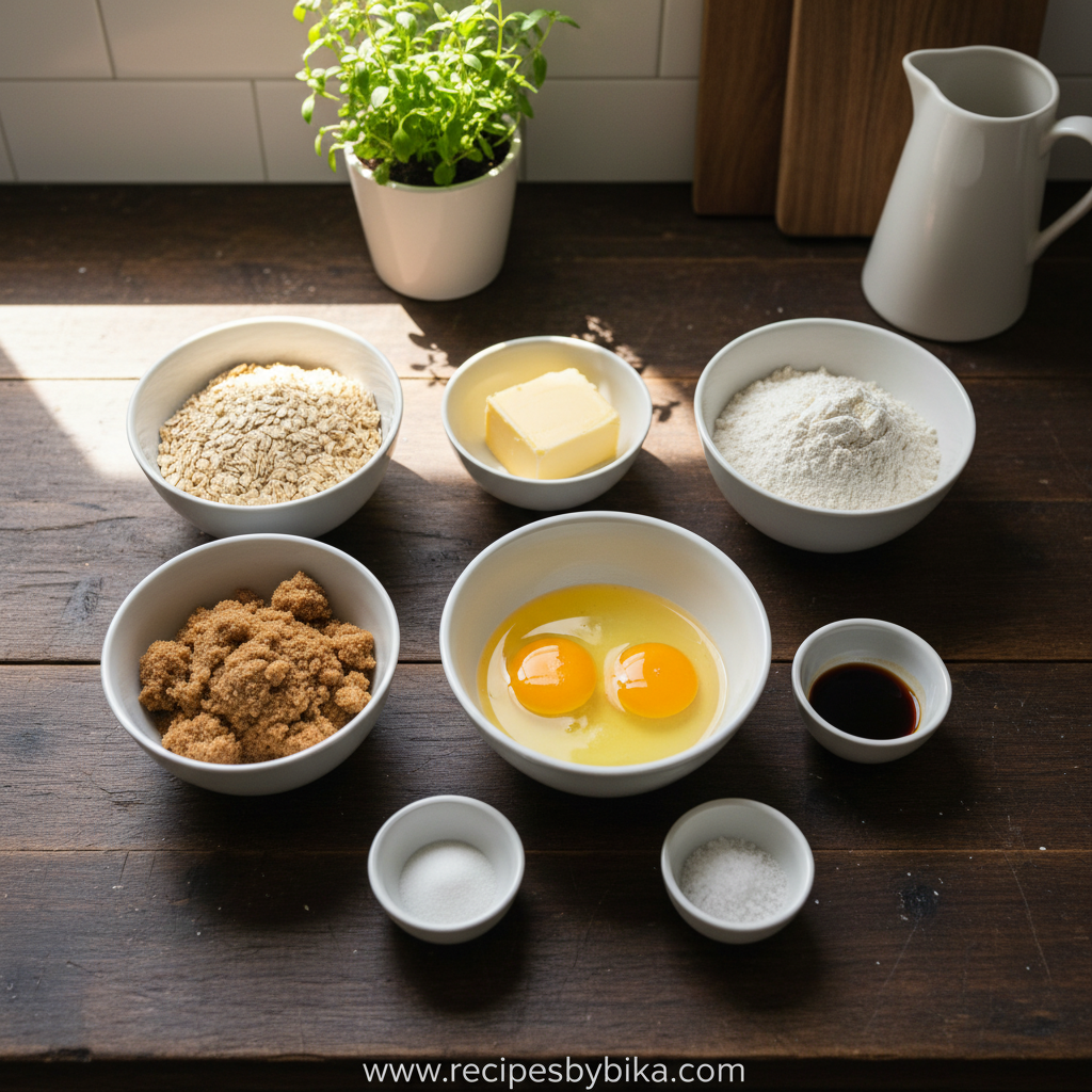 Tropical Coconut Oatmeal Cookies Recipe - Chewy Golden Treats 2 Ingredients for coconut oatmeal cookies including oats, coconut, flour, and butter