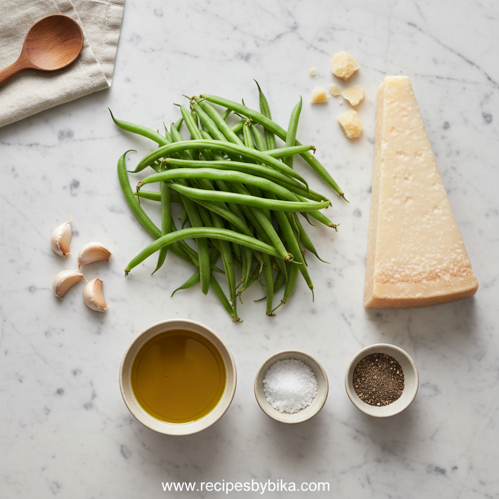 Fresh green beans, garlic, parmesan cheese, olive oil, and seasonings