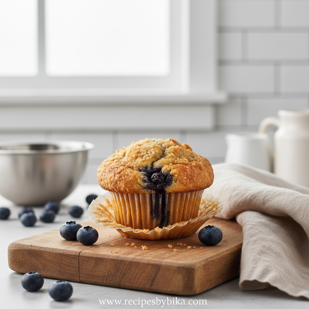 Bakery style fluffy blueberry muffins with streusel topping