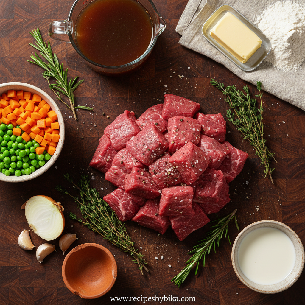 Ingredients for beef and herbed biscuit pot pie