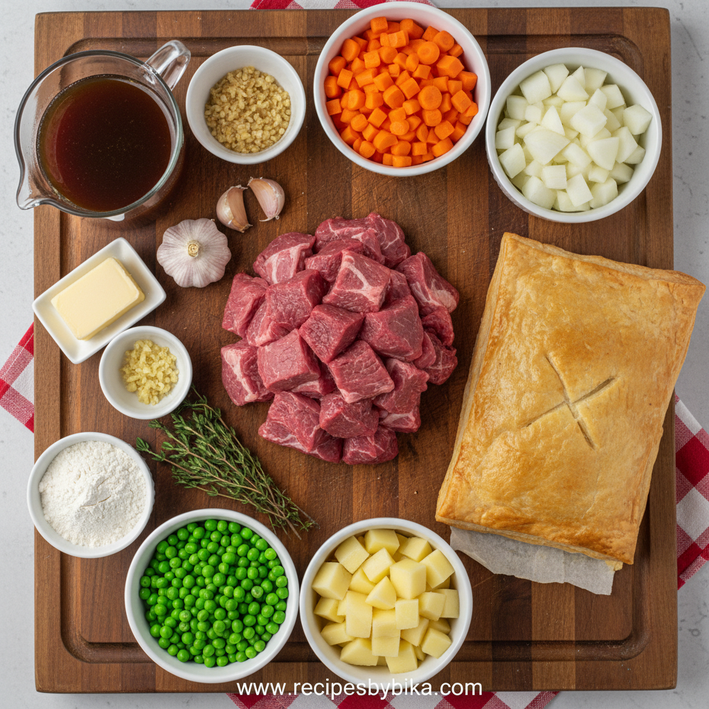 Ingredients for beef pot pie laid out on a counter