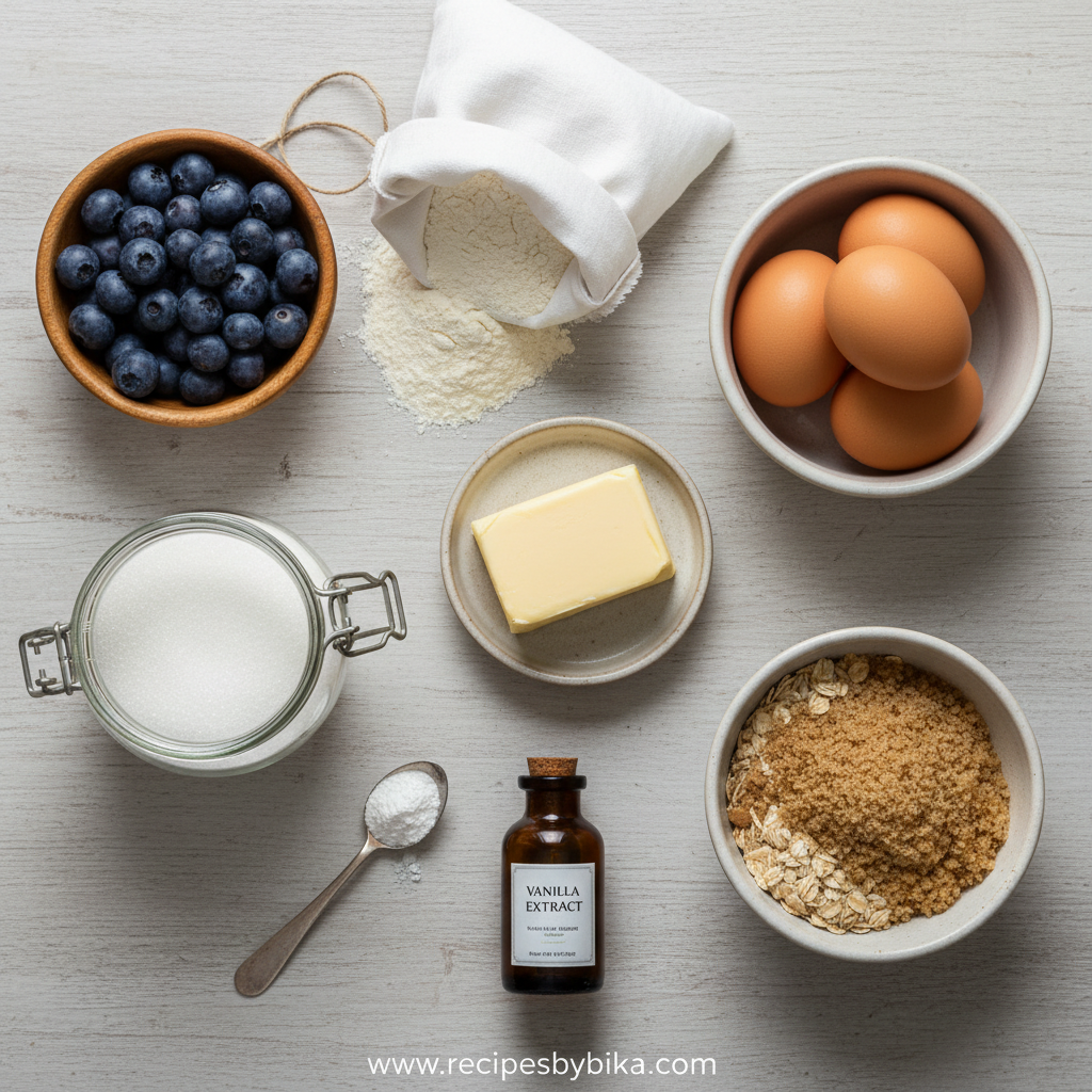 Ingredients for blueberry muffins with crumble topping
