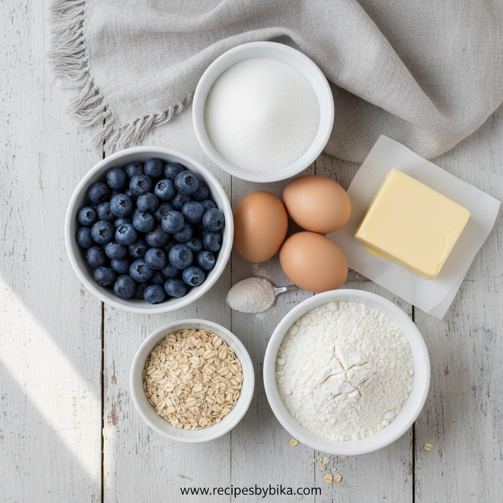Ingredients for blueberry muffins with crumble topping