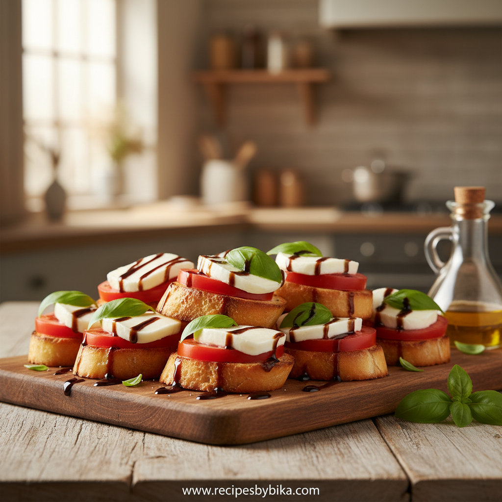 Caprese Bruschetta on a wooden board