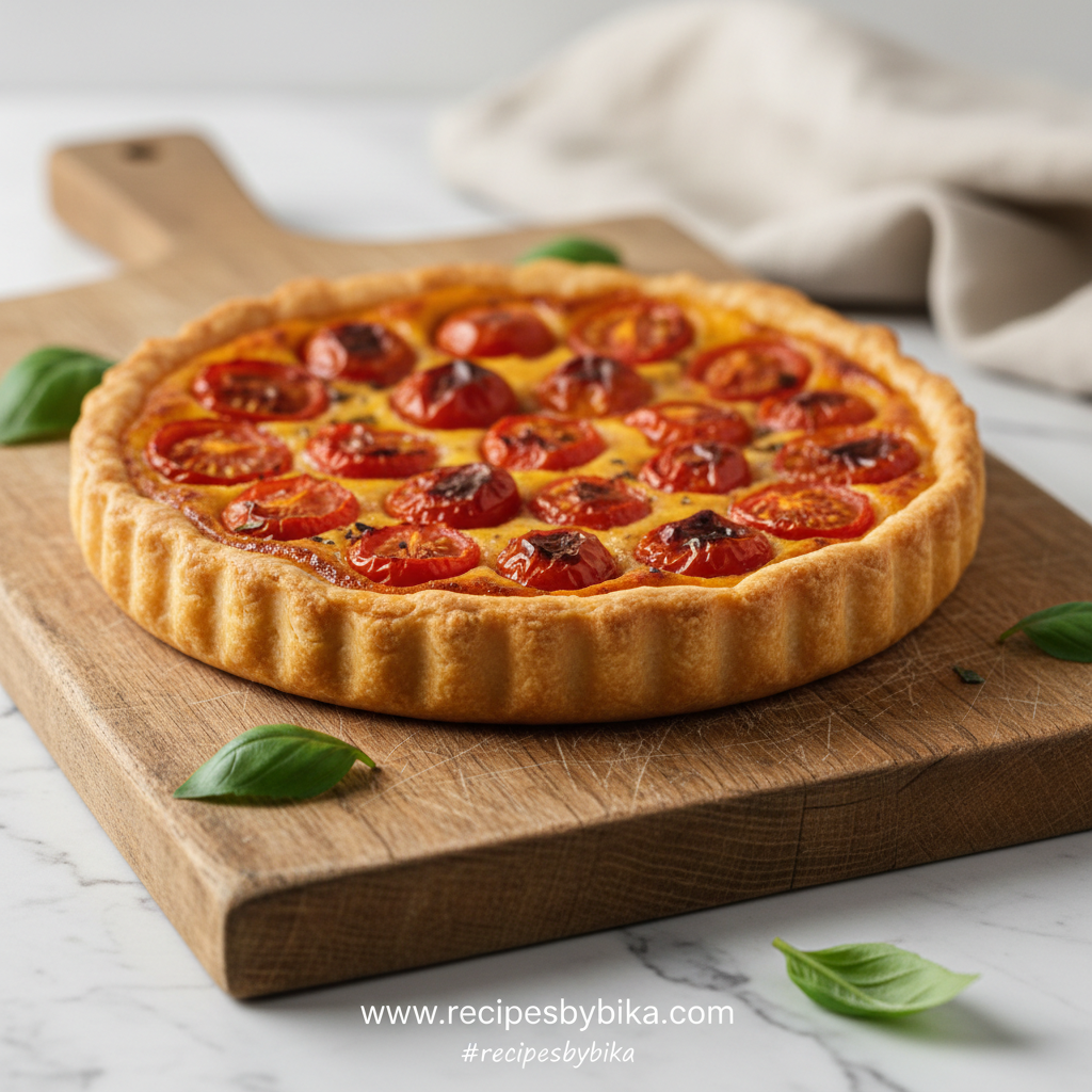 A delicious tomato tart with a golden crust and vibrant tomato toppings.