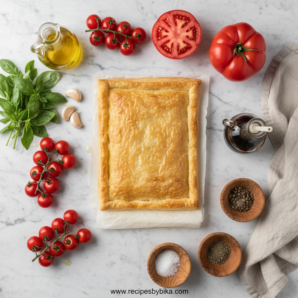 Ingredients for tomato tart: tomatoes, pastry dough, herbs, and cheese.