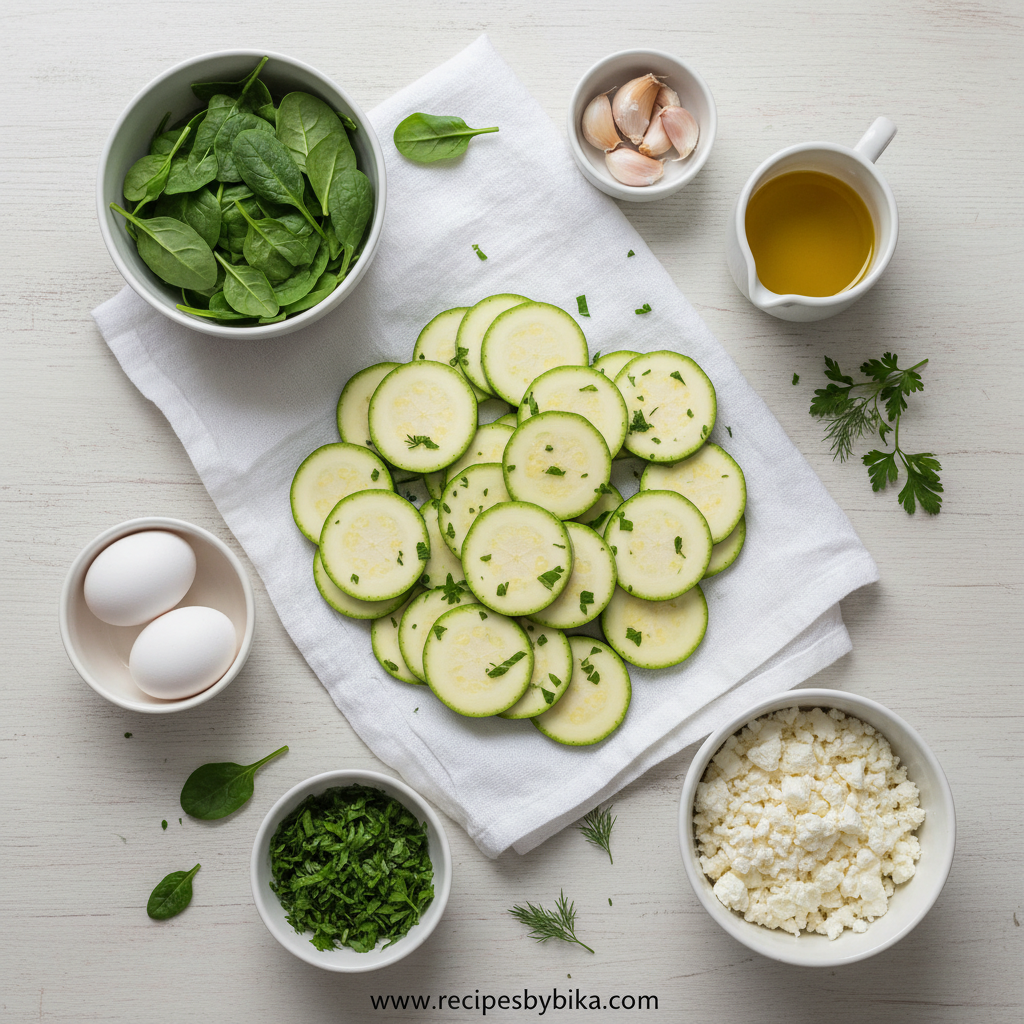Ingredients for Baked Zucchini, Spinach, and Feta Casserole